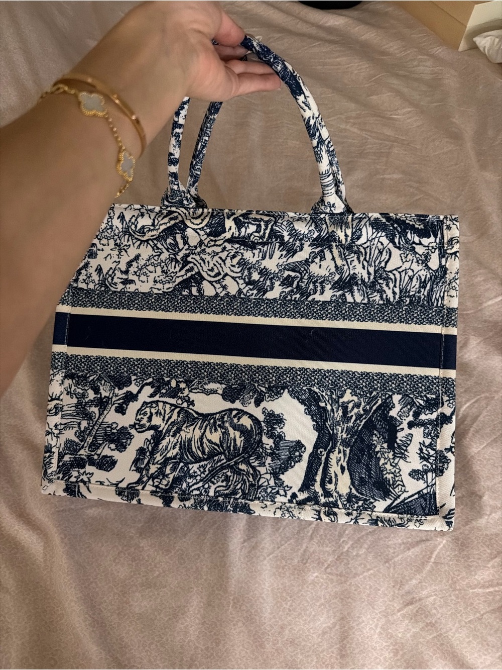 Navy and White Toile Canvas Tote Bag